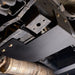 Juggernaut Super Duty Transfer Case Skid Plate installed underbody view, angle two