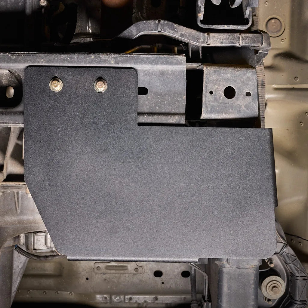 Juggernaut Super Duty Transfer Case Skid Plate close-up installed view