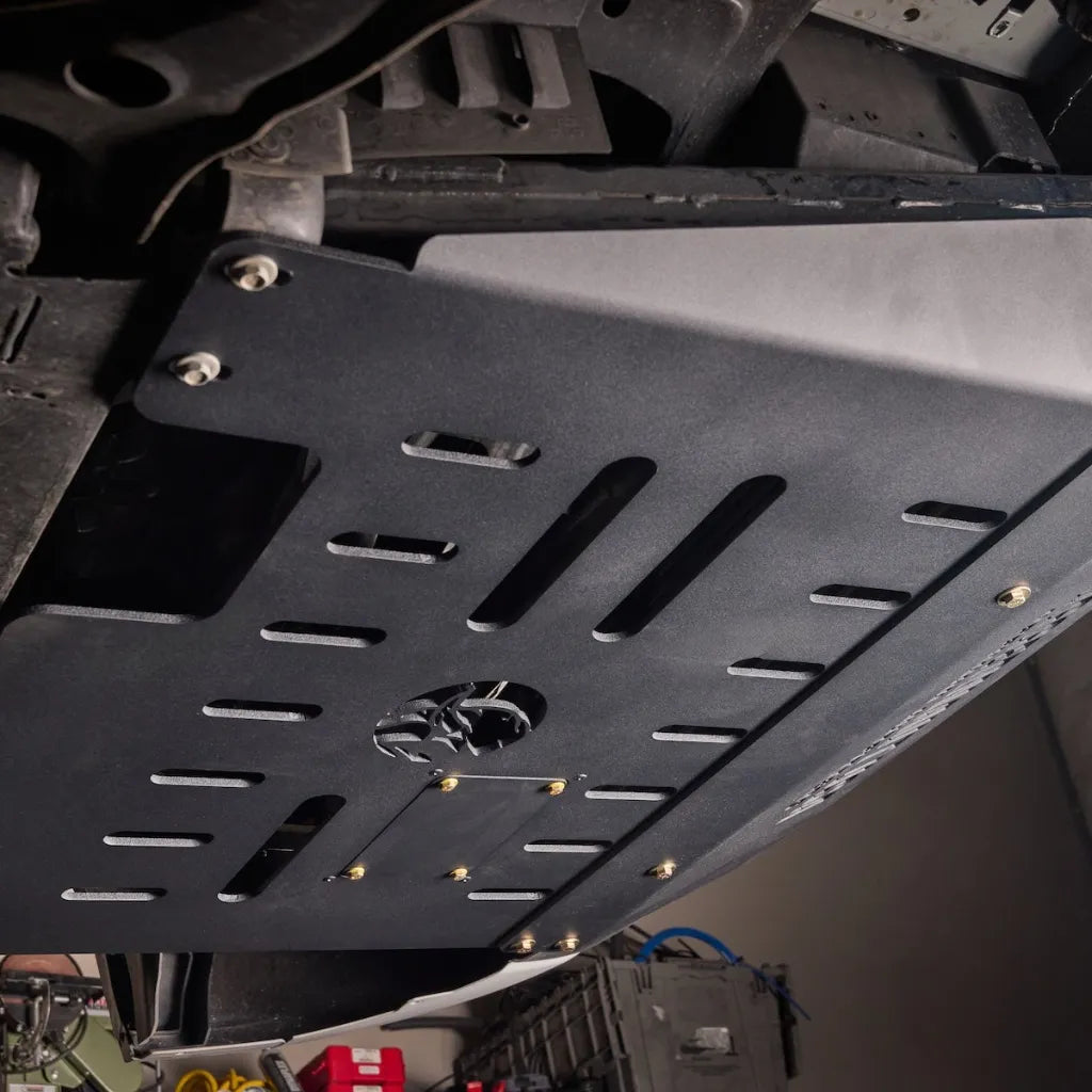 Juggernaut Ford Transit engine skid plate, fourth product angle showing mounting hardware points
