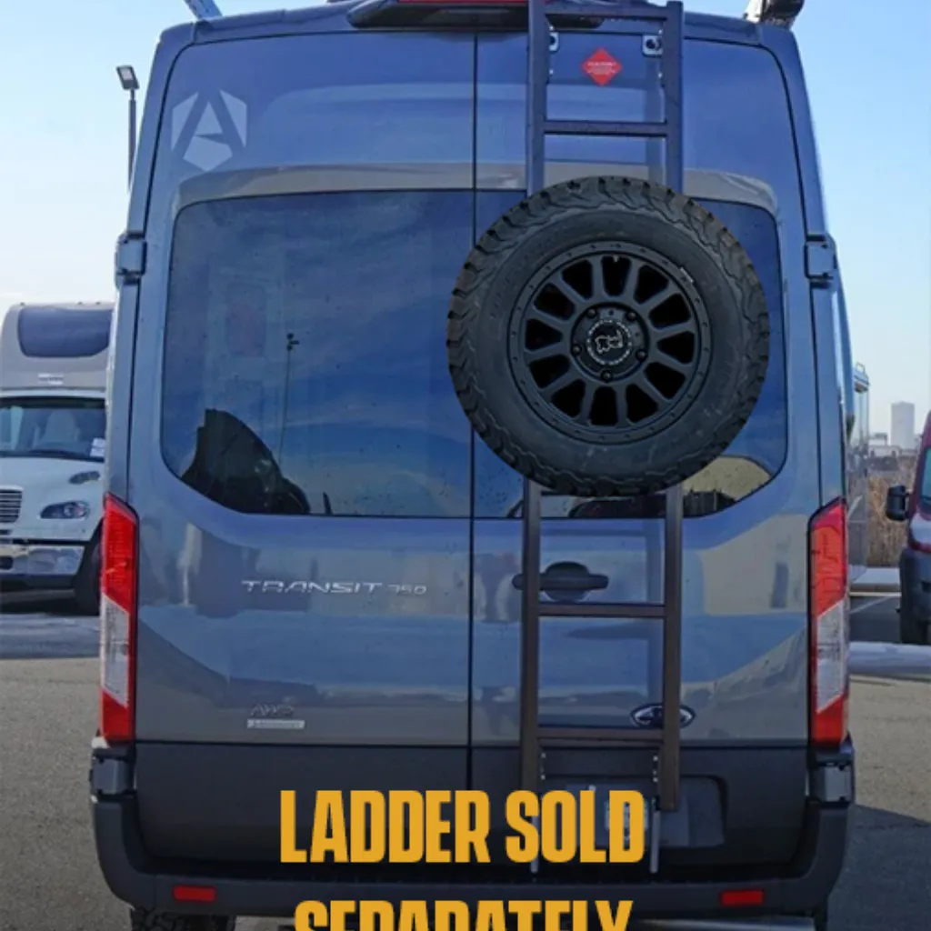 Juggernaut spare tire rack mounted on a Prime Design ladder on the rear door of a Ford Transit