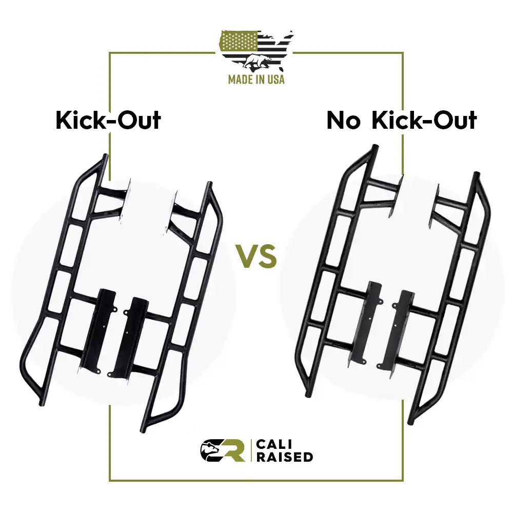 Comparison of 'Kick-Out' and 'No Kick-Out' bike rack designs with Cali Raised branding.