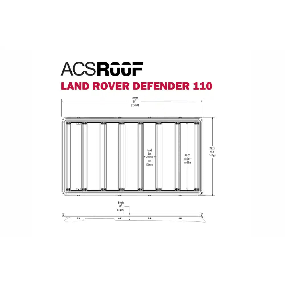 Leitner ACS ROOF Land Rover Defender 110 rack dimensions drawing