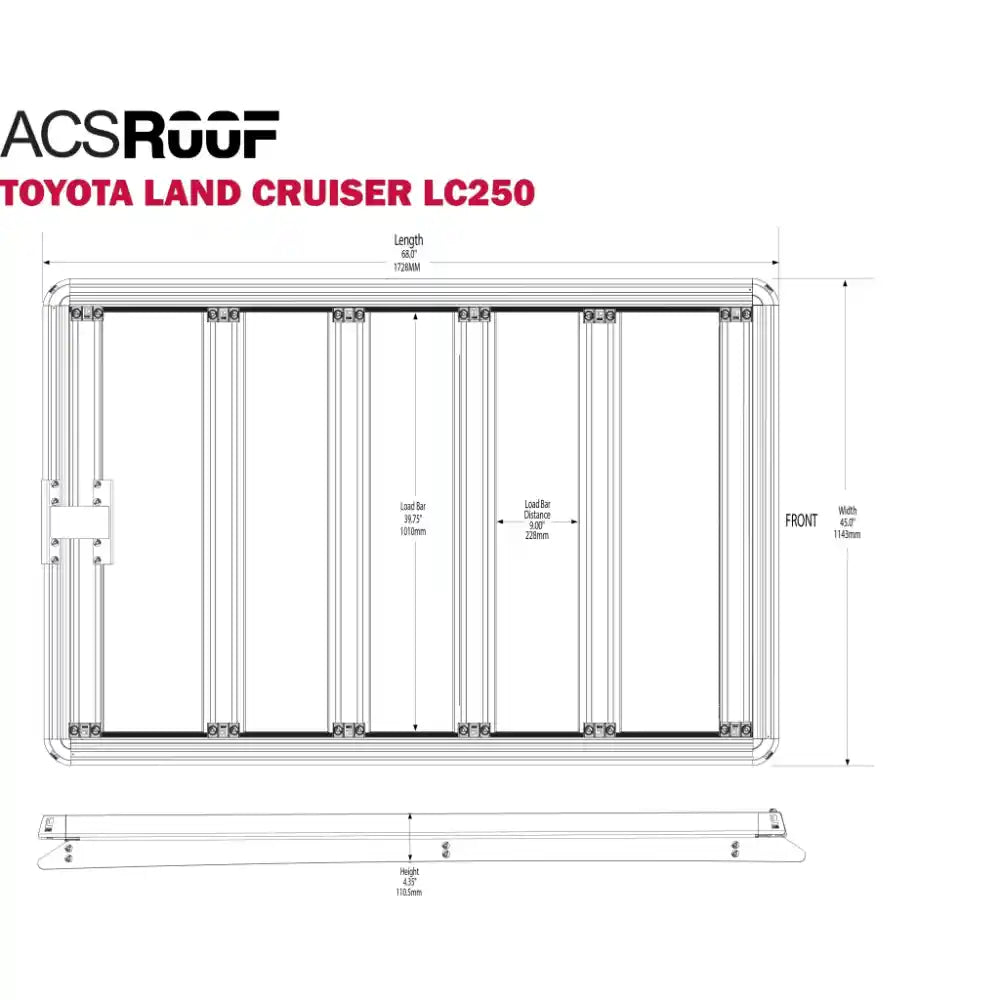 Leitner ACS ROOF Toyota Land Cruiser LC250 3/4 rack dimensions drawing