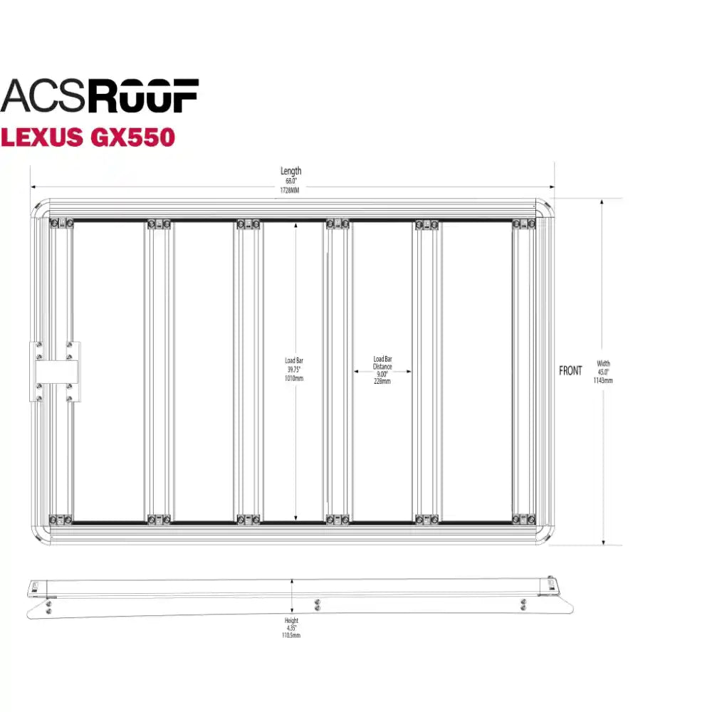 Leitner ACS ROOF Lexus GX550 3/4 rack dimensions drawing