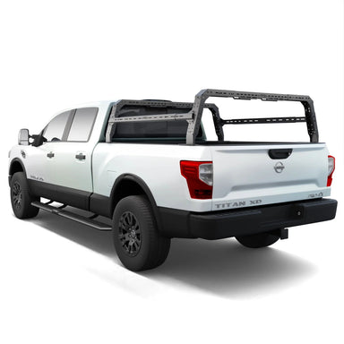 White Nissan Titan XD truck with a TUWA Pro bed rack on a white background