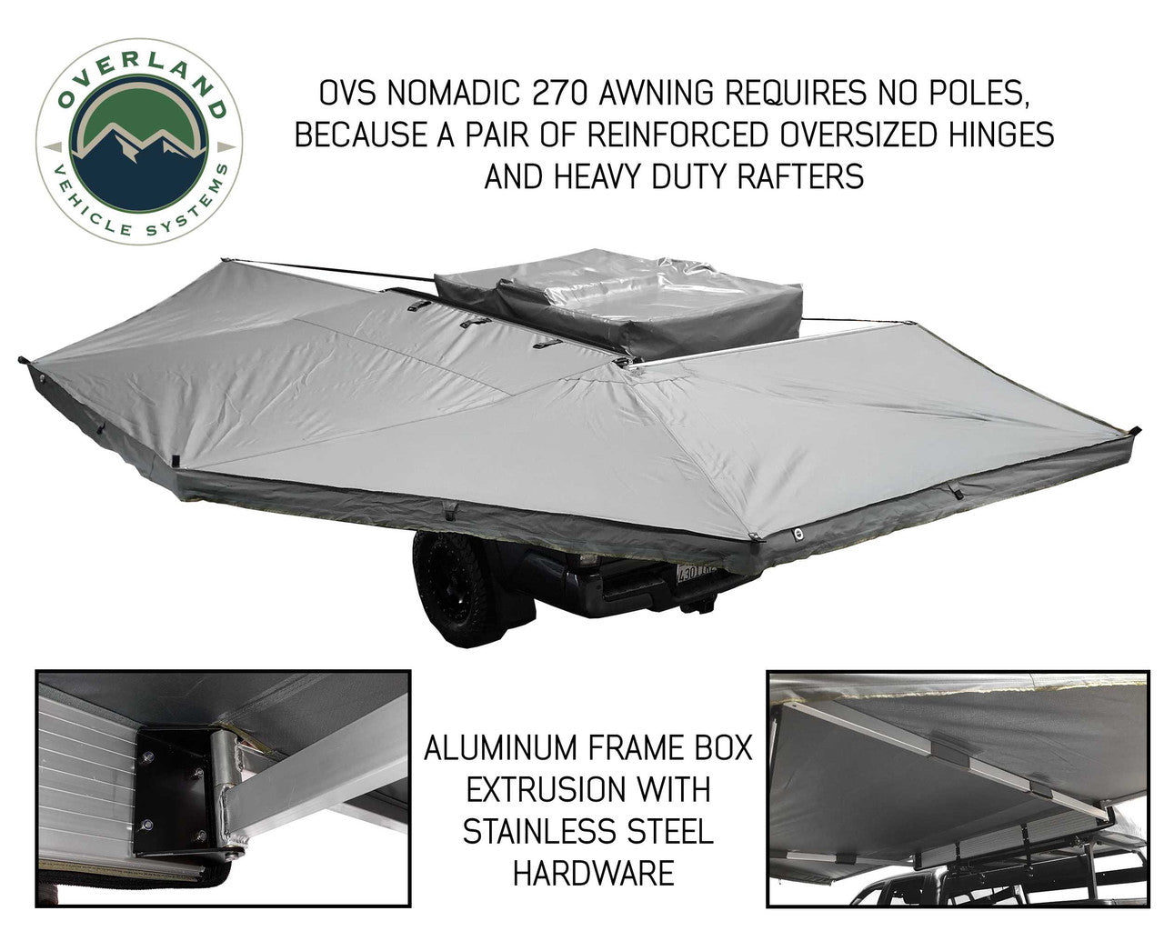 Overland Vehicle Systems Nomadic Awning 270 Degree - Driver Side Dark Gray Awning With Black Cover Details