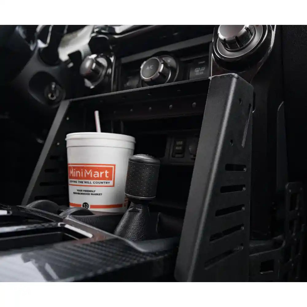 Rago 4Runner center console Molle panel with drink, front view