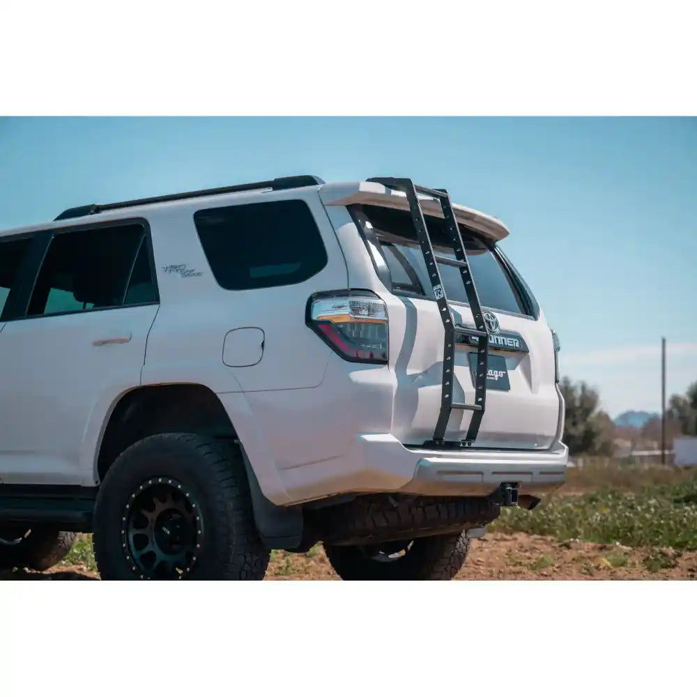 4Runner with Rago rear hatch ladder and roof rack, rear side view