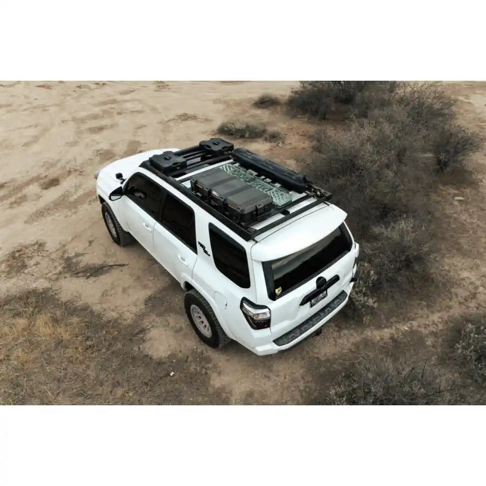 5th Gen 4Runner with Rago roof rack, aerial rear three-quarter