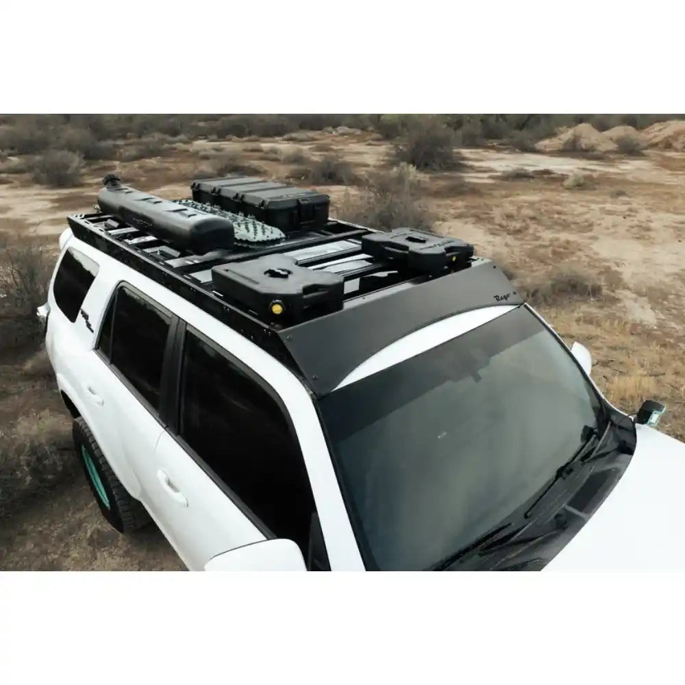 Rago roof rack with gear on 5th Gen 4Runner, elevated front angle