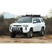 White 5th Gen Toyota 4Runner with Rago roof rack, lights and gear, front view