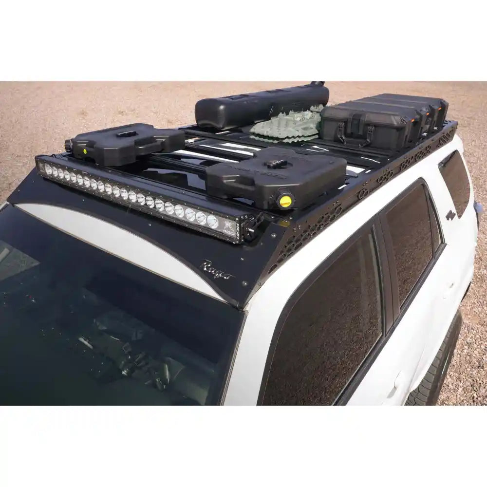 Rago light pocket roof rack loaded with gear, rear angle