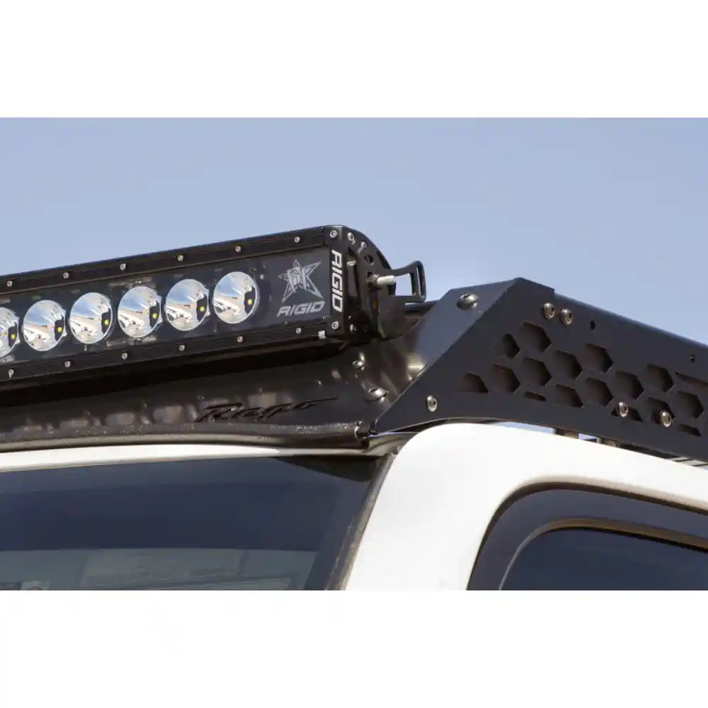Light bar in Rago 4Runner roof rack pocket, angled close-up