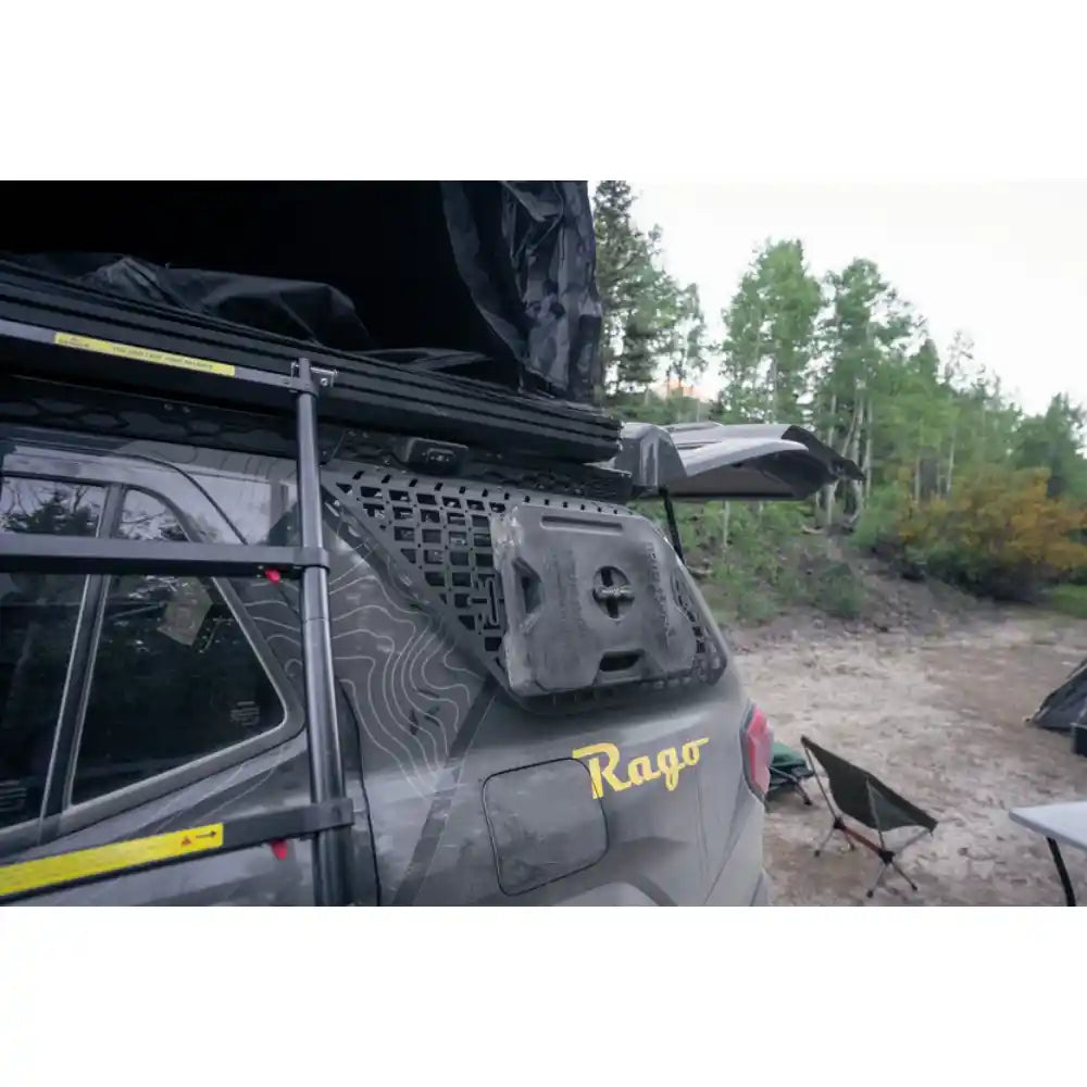 Rago external Molle panel with gear on 4Runner, close-up outdoors