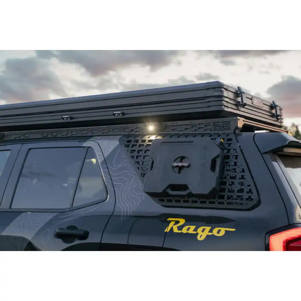 Rago external Molle panel below rooftop tent on 4Runner, close-up