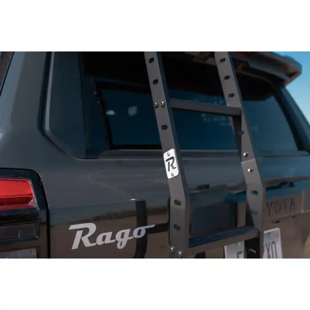Rago rear hatch ladder with logo on 4Runner, close-up