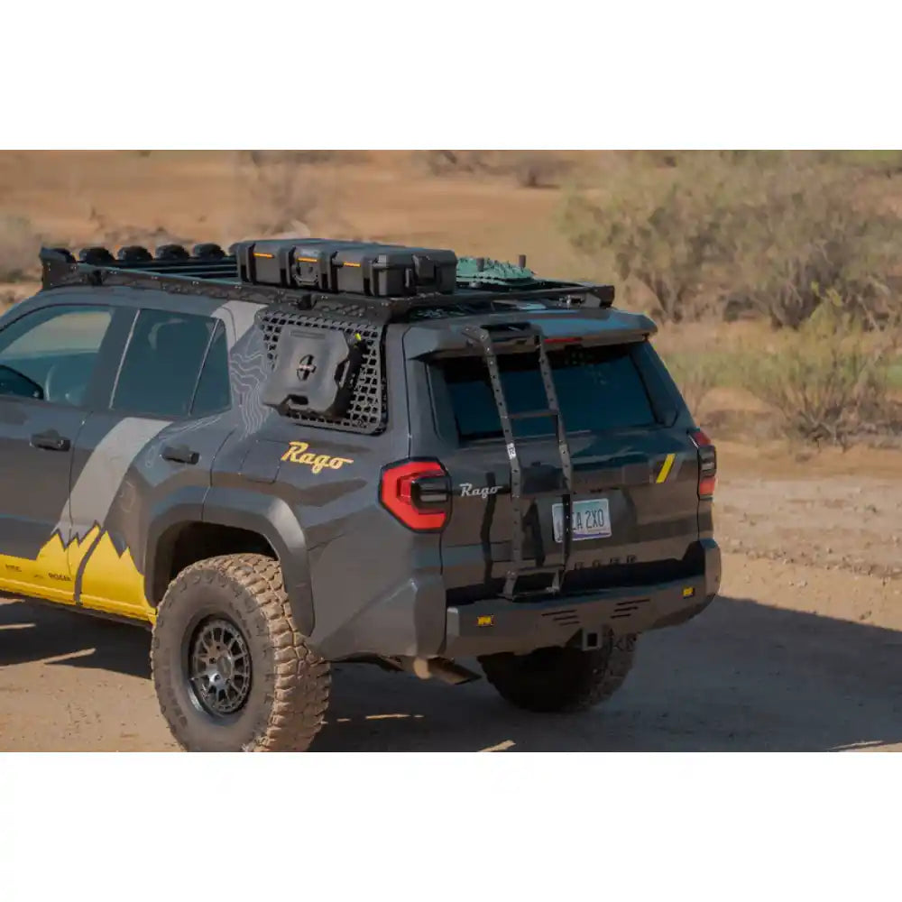 6th Gen 4Runner with Rago hatch ladder and loaded roof rack, rear three-quarter