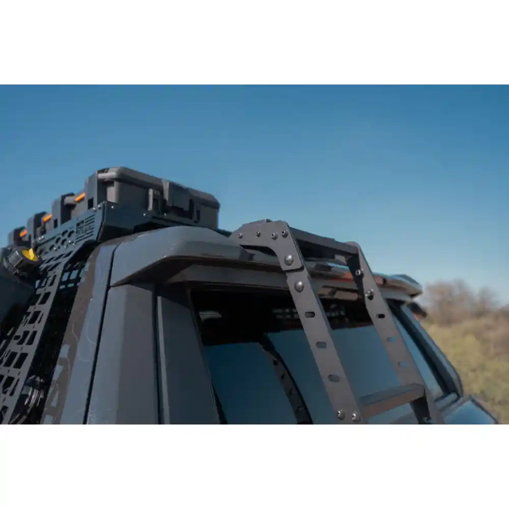 Rago hatch ladder with roof rack and gear on 4Runner, upper rear view