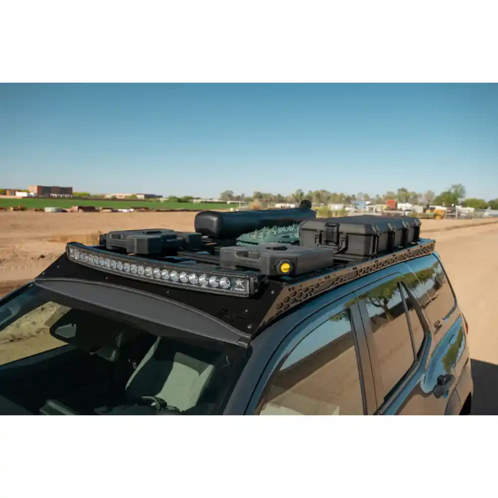 Rago light pocket roof rack with light bar and gear on 2025 4Runner, front three-quarter