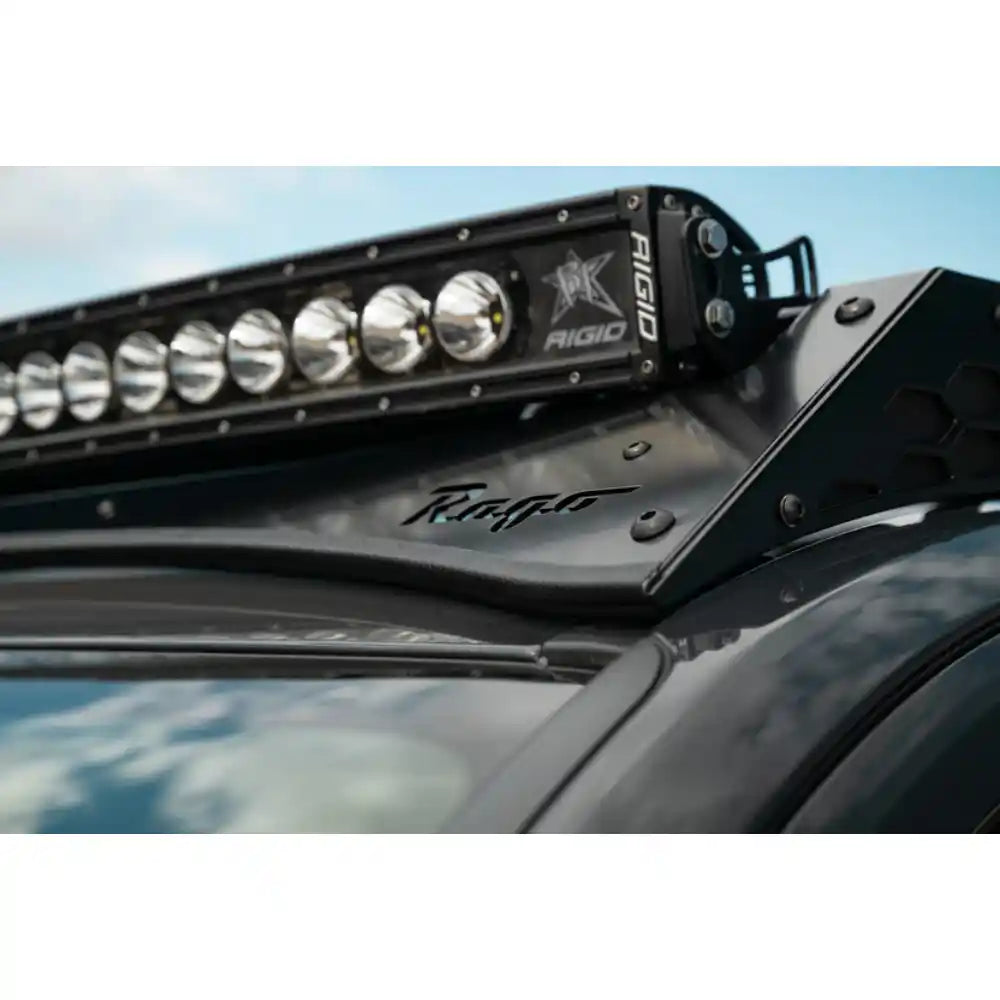 Light bar mounted in Rago 4Runner roof rack front pocket, detail