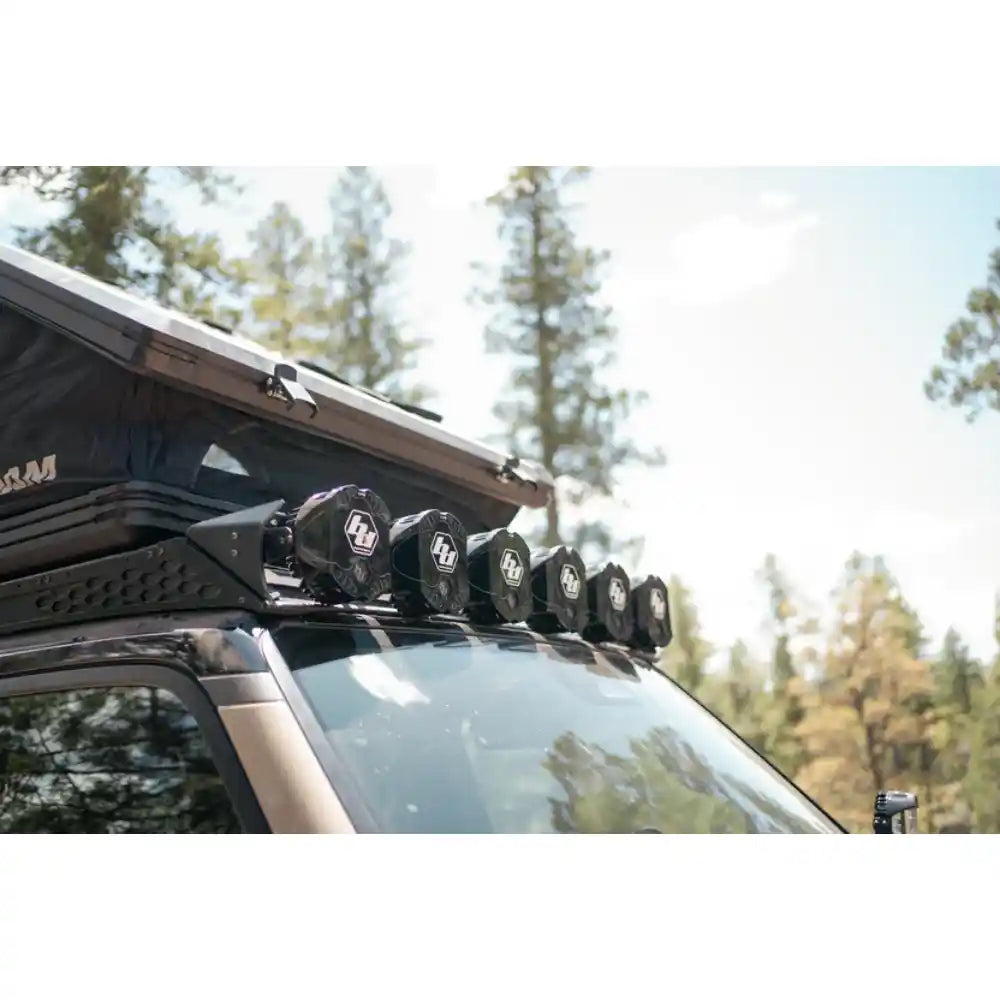 Baja Designs LP6 lights on Rago roof rack, Lexus GX 550 low angle