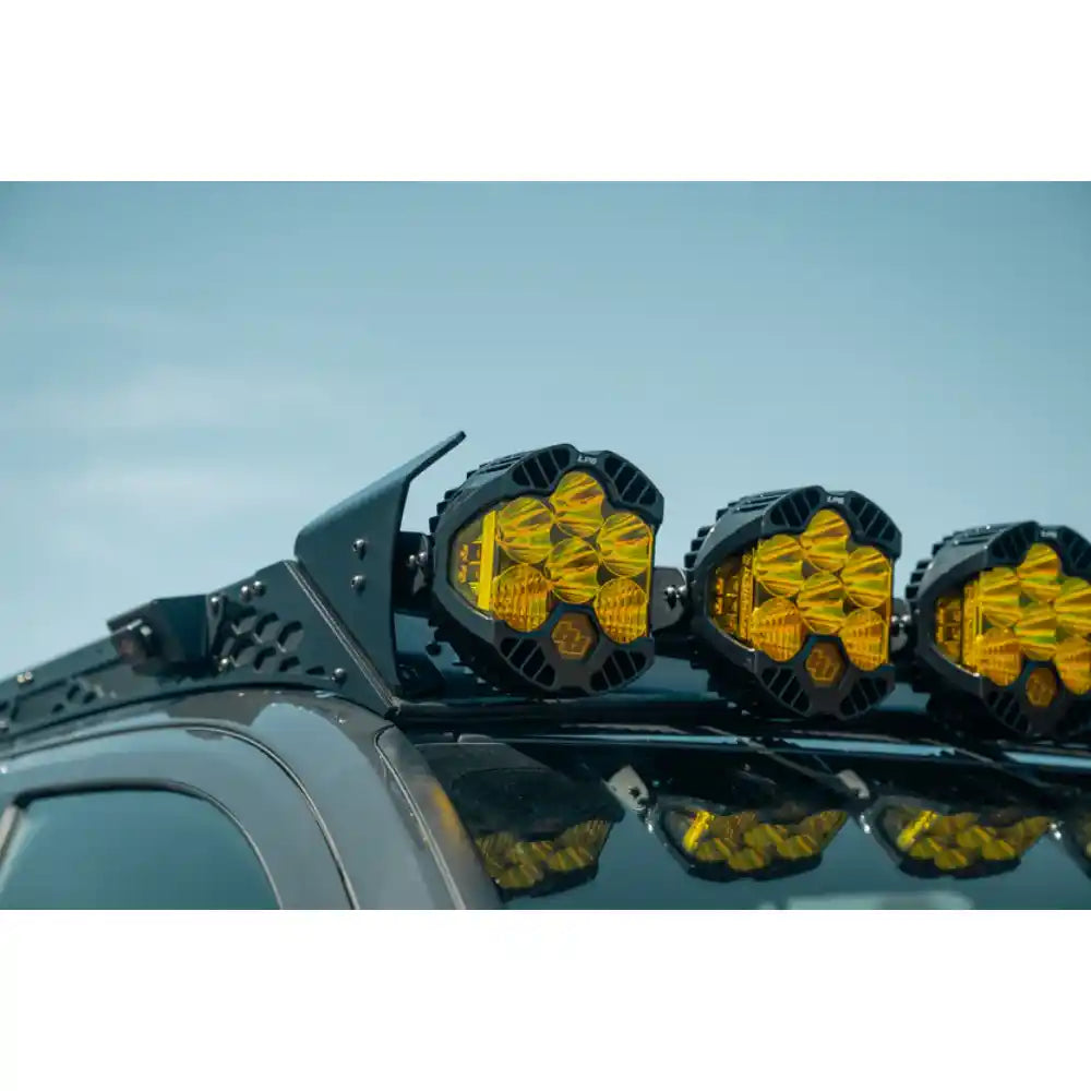 Six Baja Designs LP6 round lights on Rago light mount, close-up