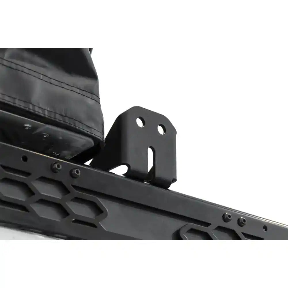 Rago accessory mounting bracket on roof rack, side close-up