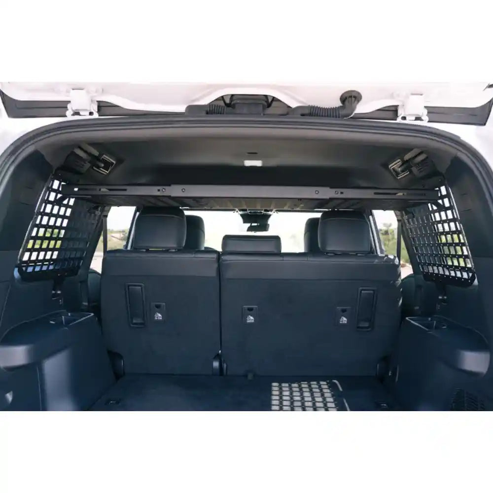 Rago storage shelf in Land Cruiser, rear cargo view