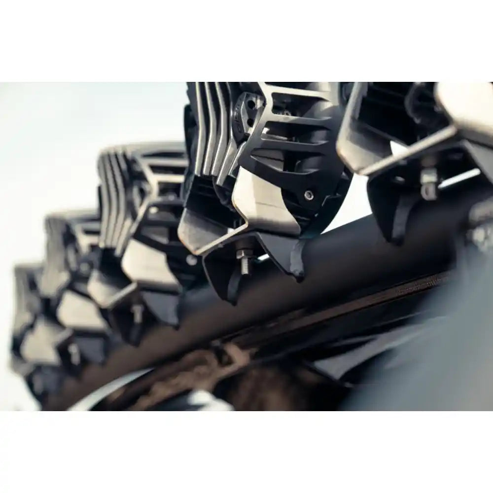 Round lights on Rago Rivian chase rack, close-up