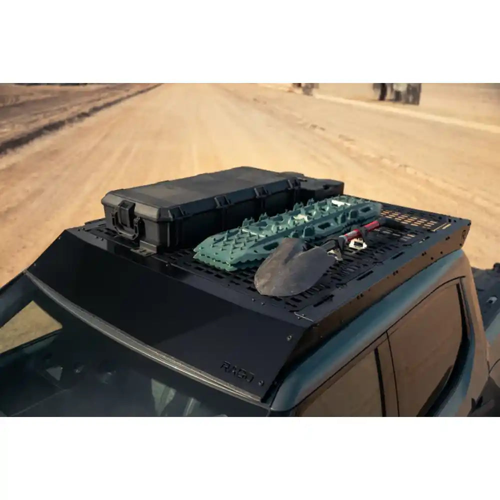 Rago Rivian roof rack with decking panels and gear, top view