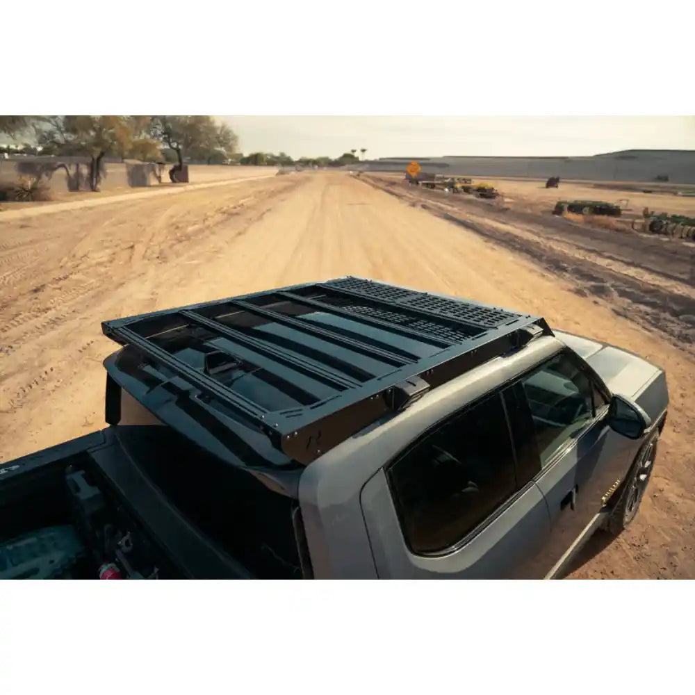 Rago decking panels on Rivian R1T roof rack, rear top view