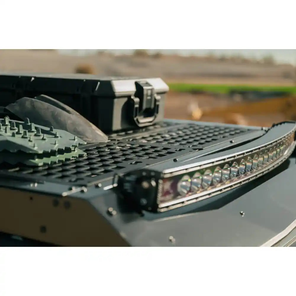 Light bar in Rago Rivian roof rack light pocket, top close-up