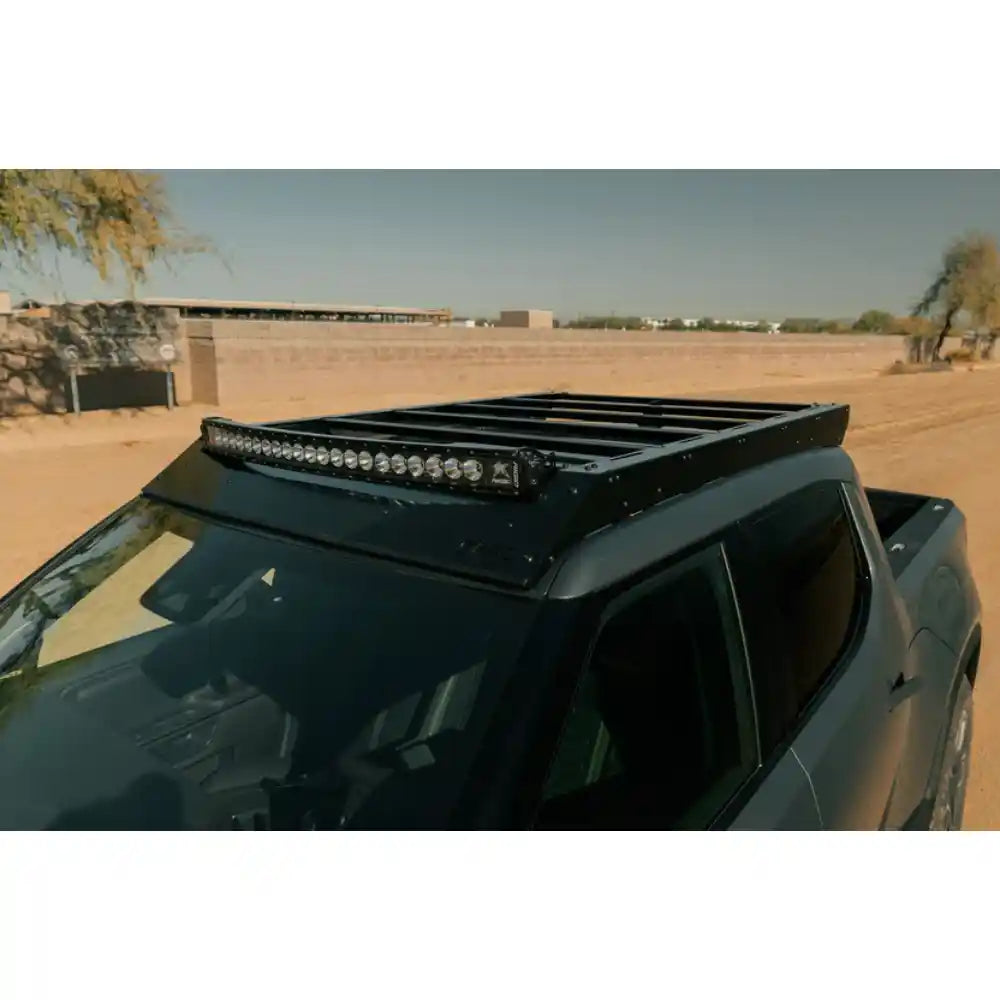 Rago light pocket roof rack above Rivian R1T windshield