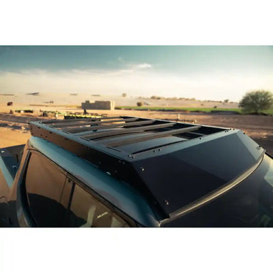 Rago roof rack on Rivian R1T at dusk, top view