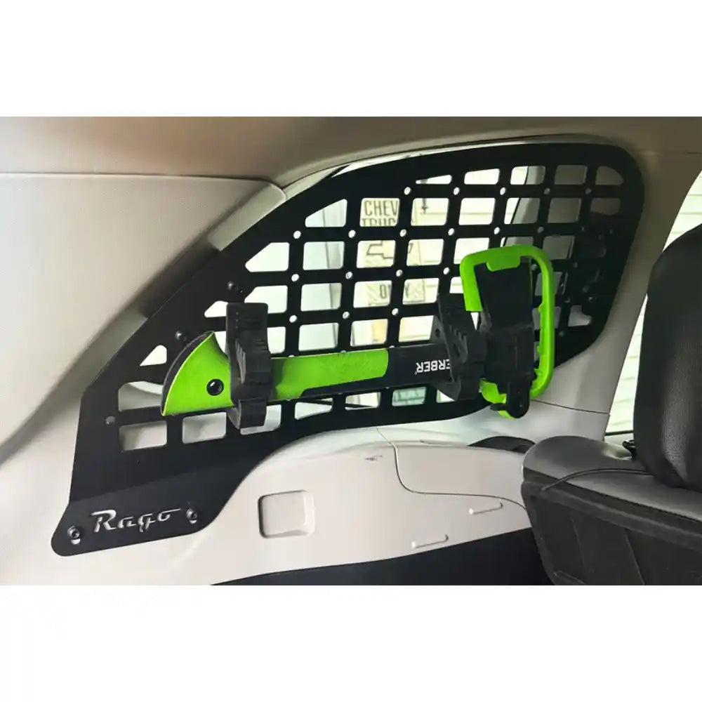 Rago rear window Molle panel with tools and gear mounted, Subaru Forester