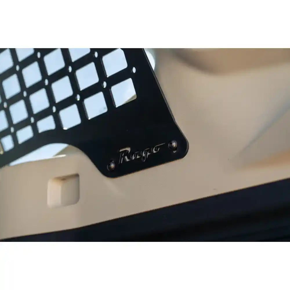 Rago laser-cut rear window Molle panel with logo, close-up
