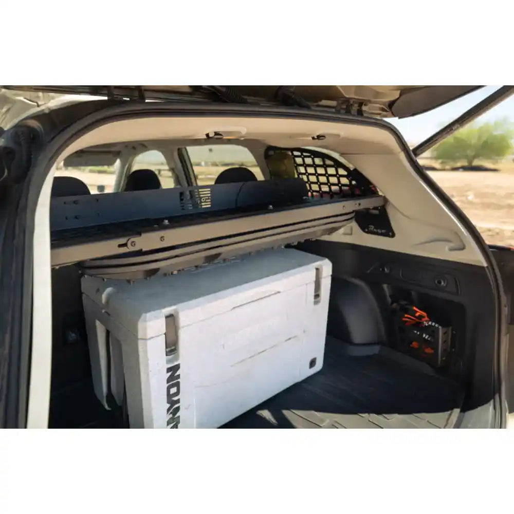 Subaru Forester trunk with Rago Molle panels, shelf and cooler, side angle