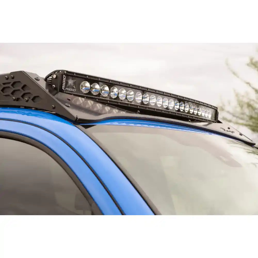 Light bar in Rago Tacoma roof rack light pocket, side close-up