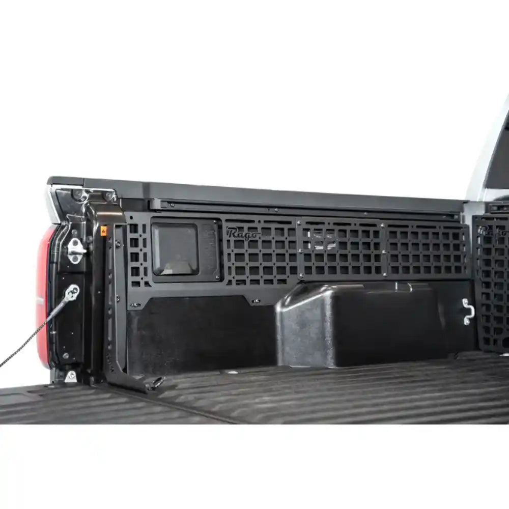 Rago bed side Molle panels in Tacoma bed, rear view