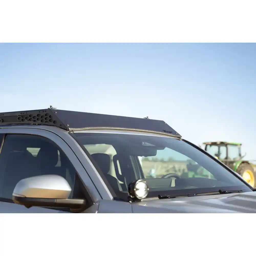 Rago roof rack over 2024 Tacoma windshield, front three-quarter