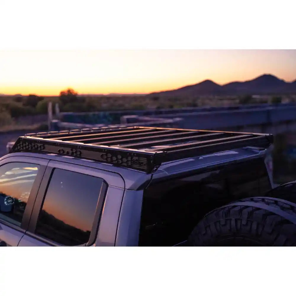 Rago light pocket roof rack on Tacoma at dusk, top view