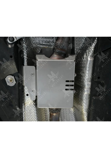 The Millercat V2 cat shield installed on the undercarriage of a Toyota RAV4 Hybrid, securing the catalytic converter.