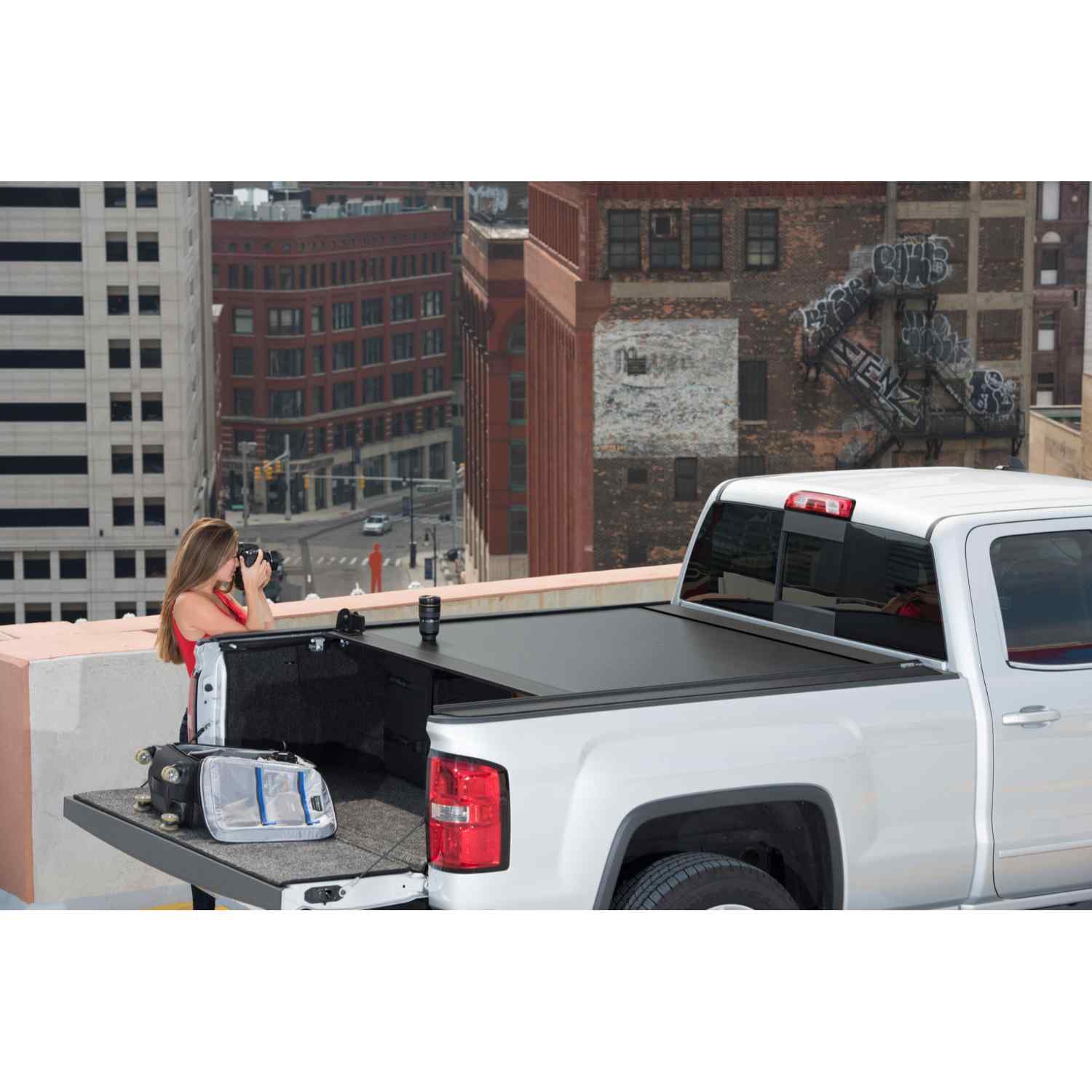 RetraxPRO MX 2012-2018 Ram With Rambox Retractable Tonneau Cover Back Open Lifestyle Image