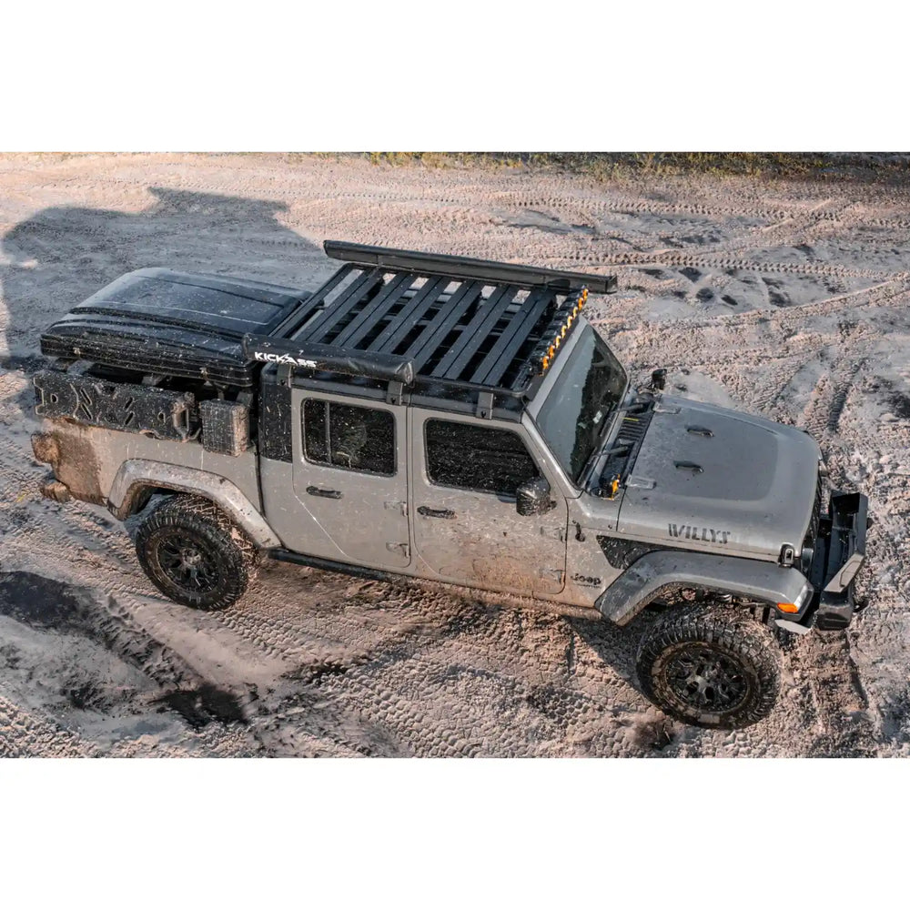 lifestyle view of roof rack mounted on gladiator