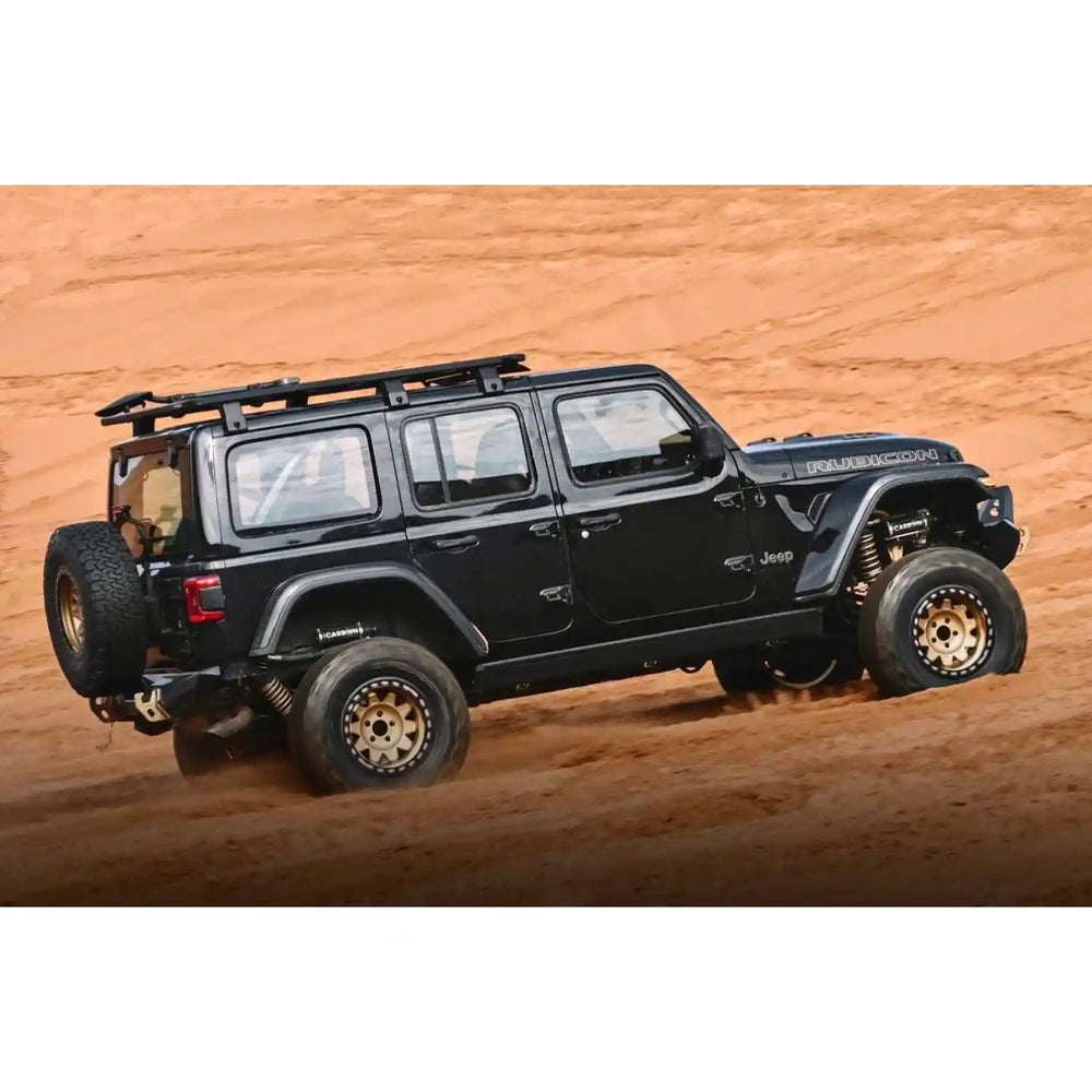 lifestyle view on jeep in desert with mounted rack