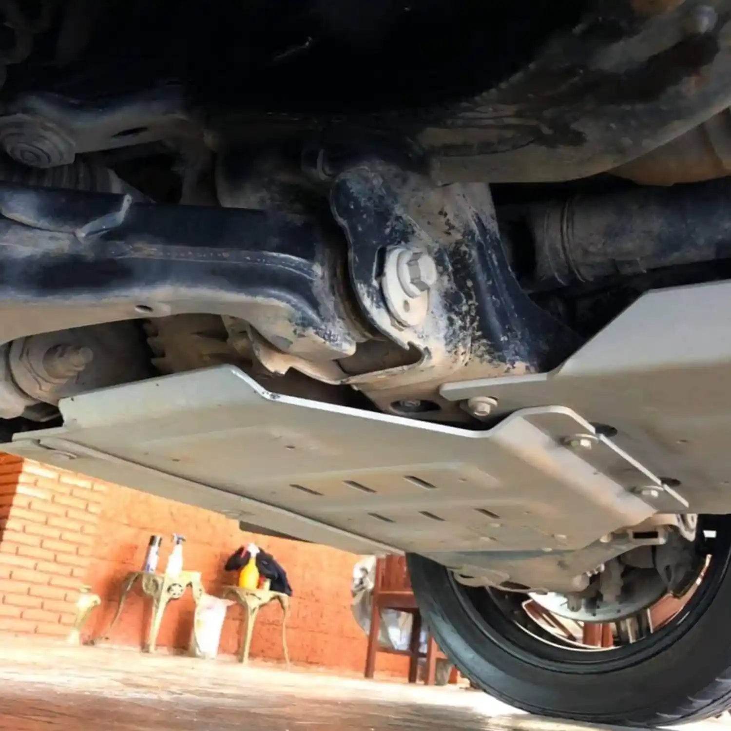 close view of underbody installed engine skid plate