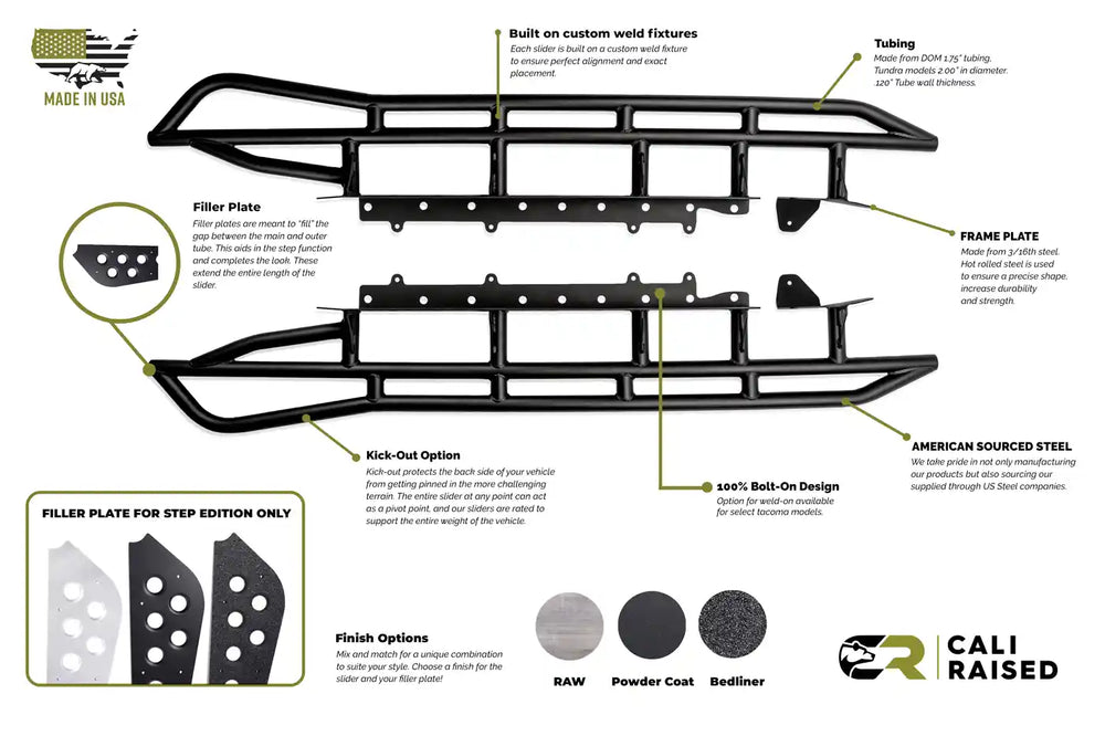 Technical diagram of rock sliders with labeled parts and Cali Raised branding.