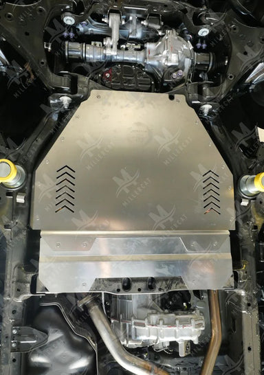 Detail close-up of Millercat Sequoia Hybrid Cat Shield bracket, highlighting the heavy-duty bolt holes, welded reinforcement, and thick steel construction.