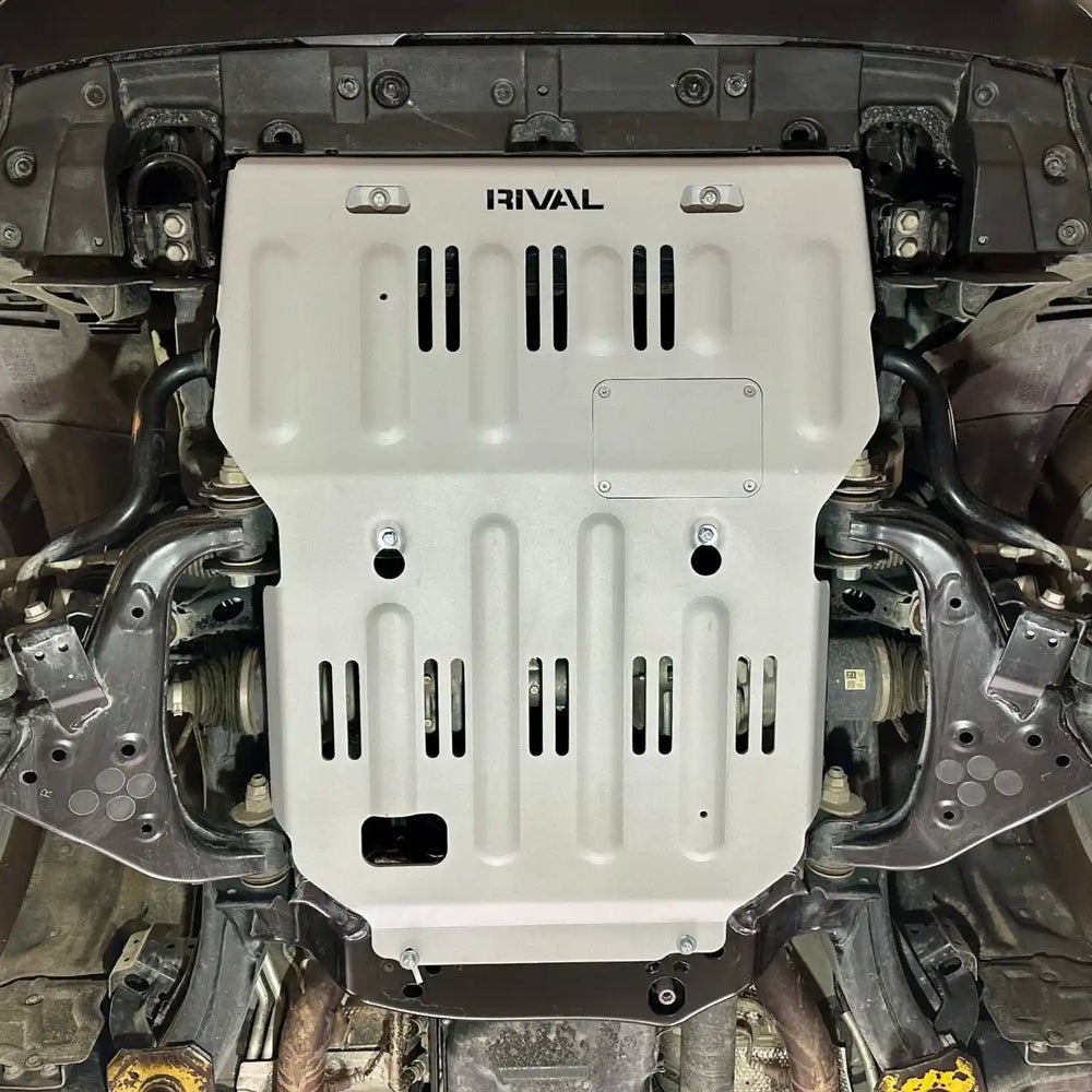underbody view of mounted RIVAL Aluminum Engine Skid Plate Tacoma