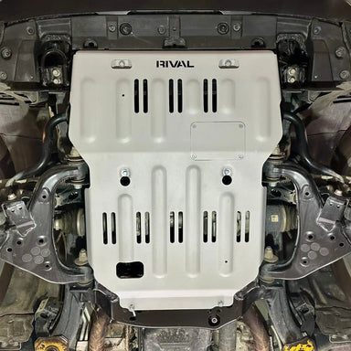 underbody view of mounted RIVAL Aluminum Engine Skid Plate Tacoma